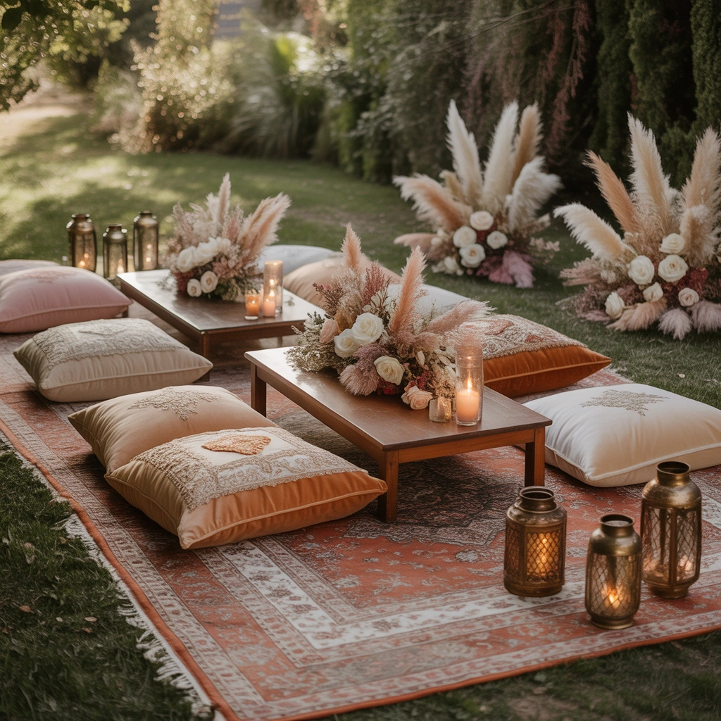 Use Rugs and Floor Seating for a Boho Nikkah