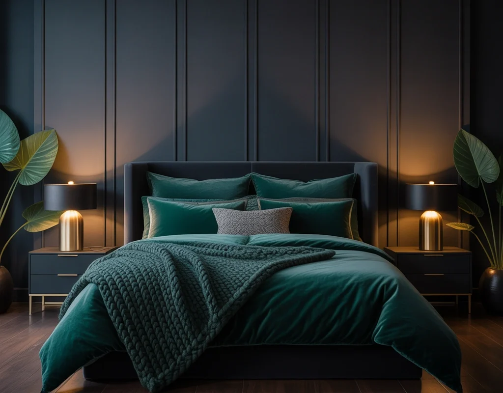 Use a Black Feature Wall With Dark Green Bedding