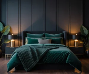 Use a Black Feature Wall With Dark Green Bedding