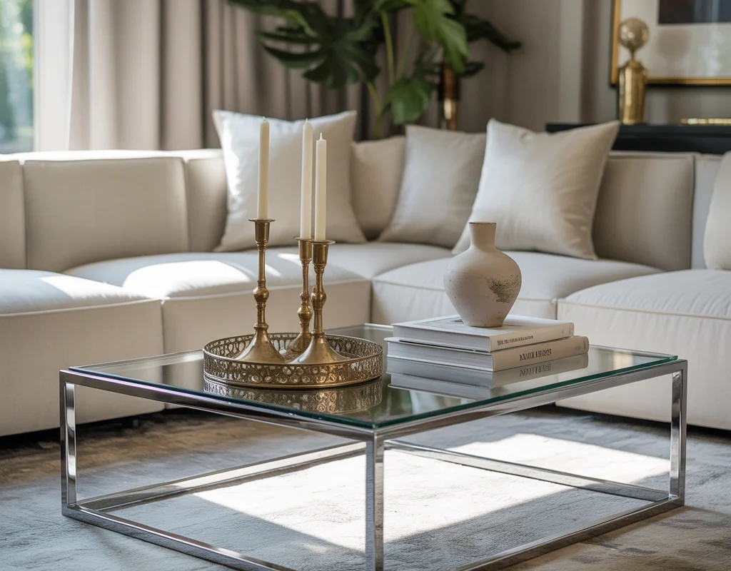 Use a Chrome Coffee Table with Brass Accessories