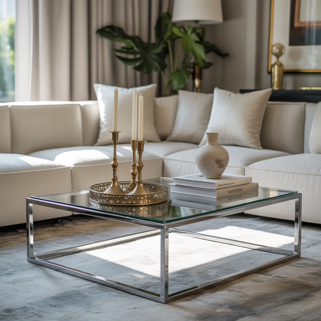 Use a Chrome Coffee Table with Brass Accessories