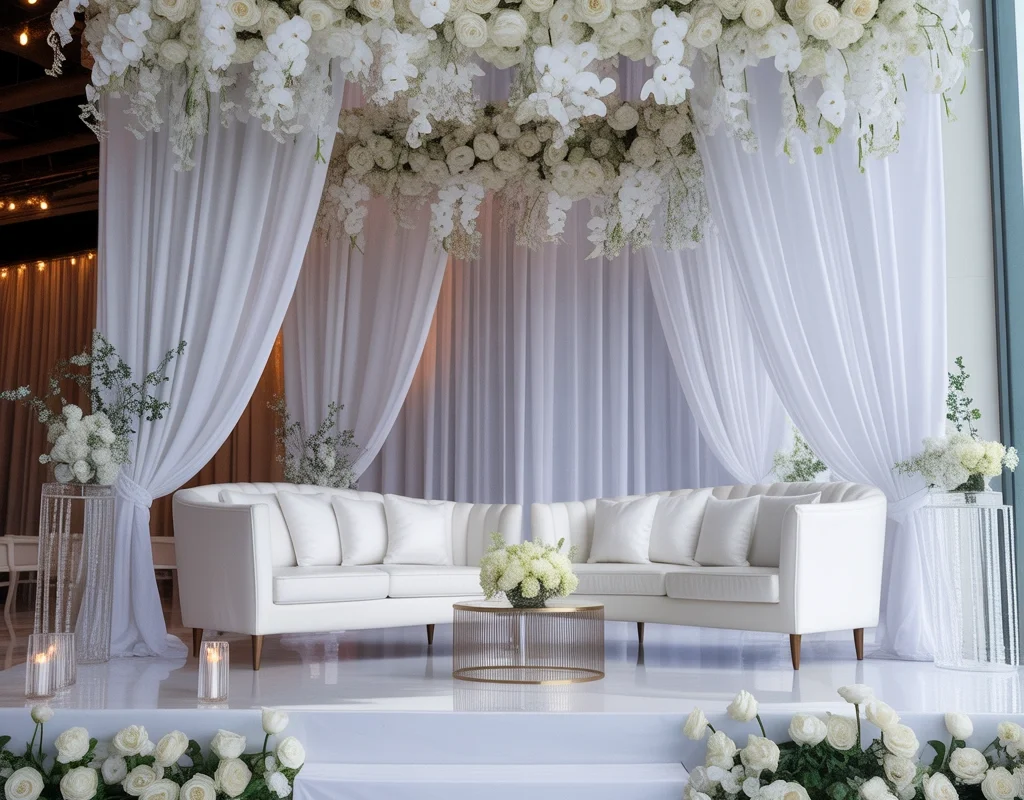 White Themed Wedding Stage Decoration for a Sophisticated Appearance