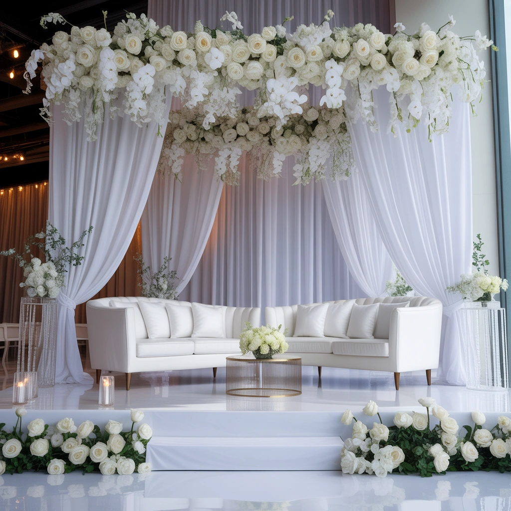 White Themed Wedding Stage Decoration for a Sophisticated Appearance