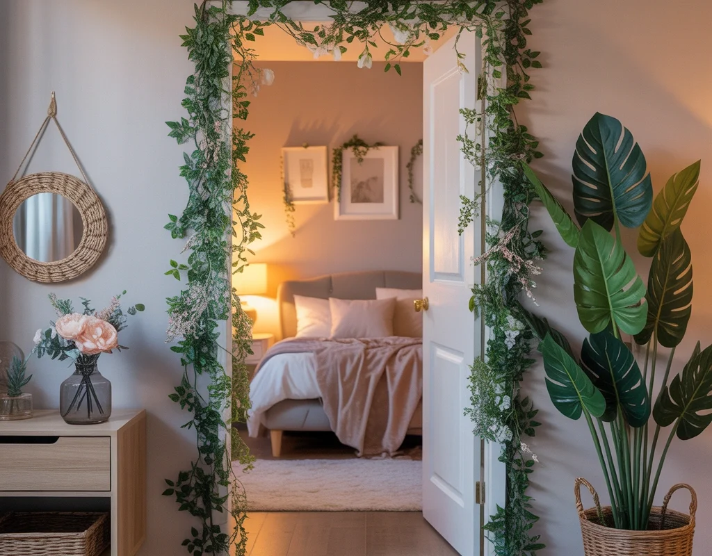 Add Artificial Greenery and Floral Decorations Around Your Bedroom Door