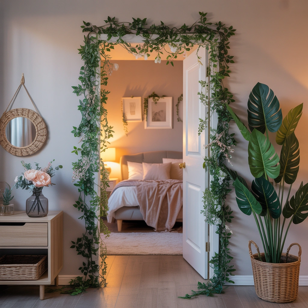 Add Artificial Greenery and Floral Decorations Around Your Bedroom Door