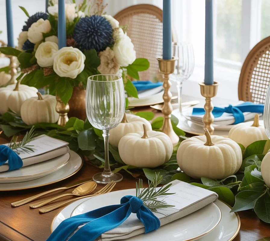 Add Blue Ribbon and Small Decorative Details Around the Table