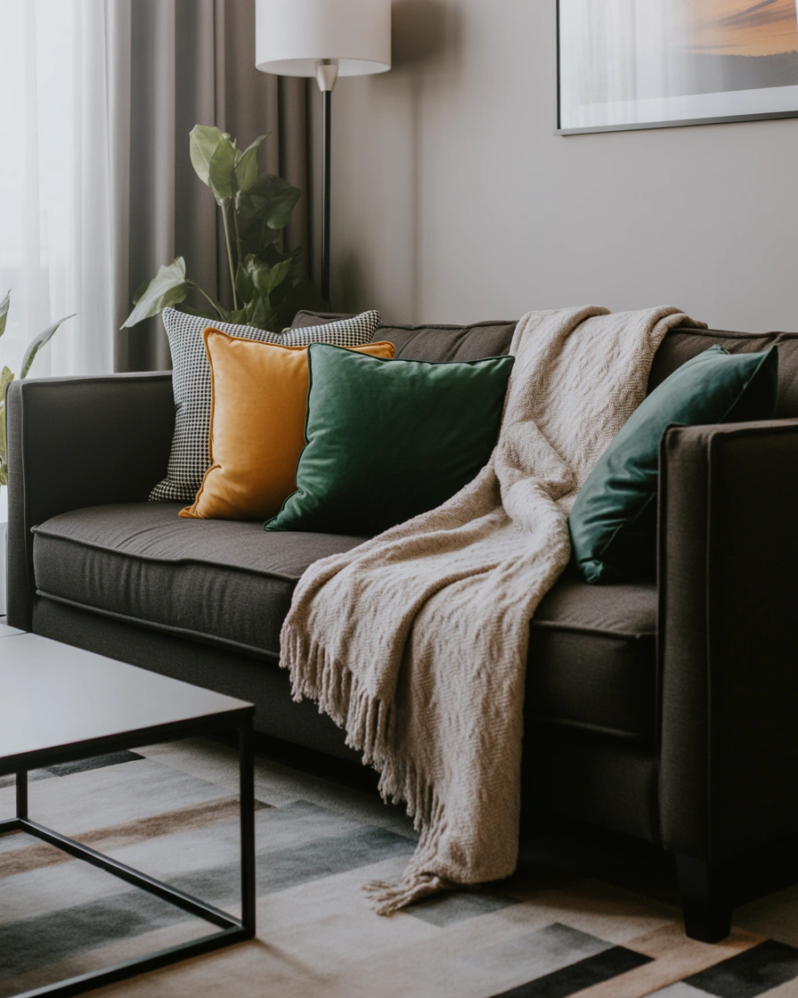 Add Colorful Throw Pillows to Make Your Dark Grey Couch Stand Out