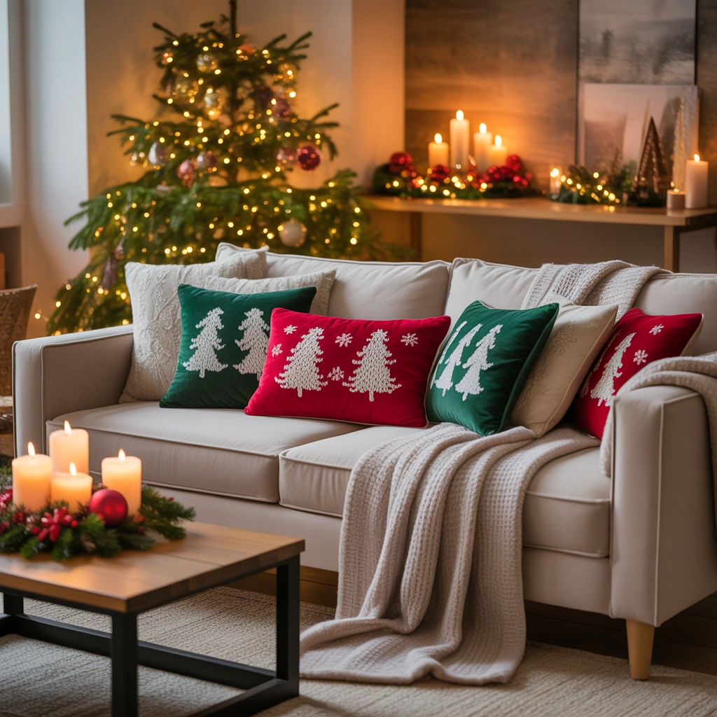 Add Cozy Christmas Throw Blankets and Holiday Pillows