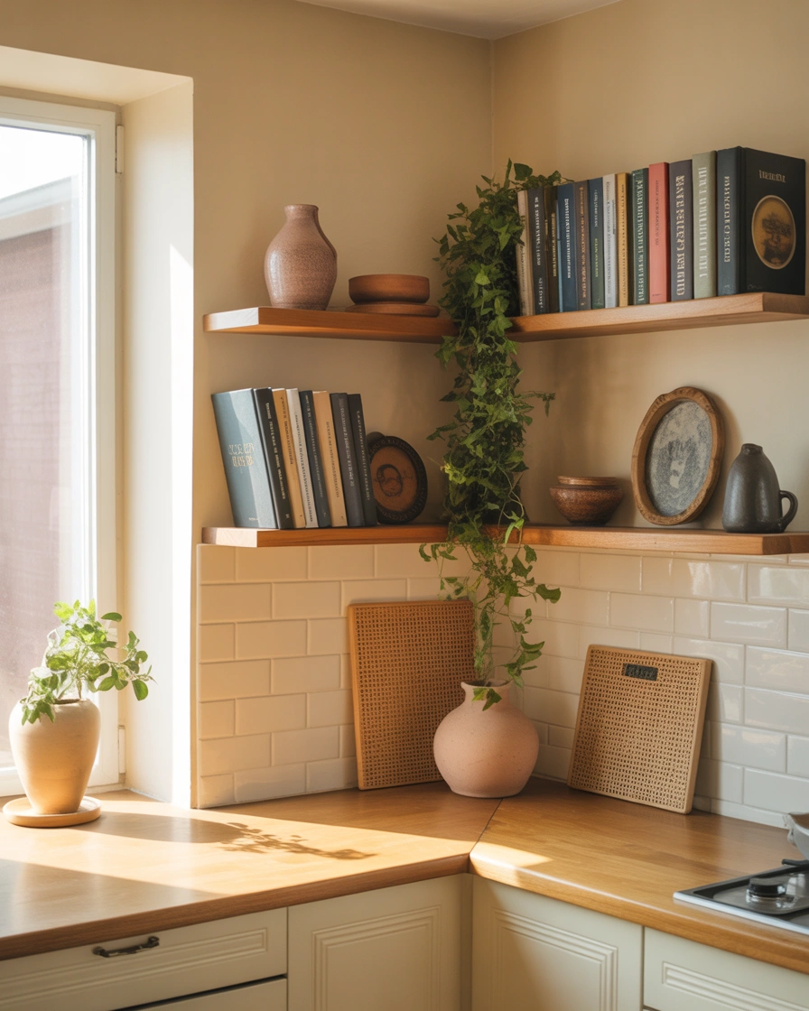 Add Decorative Kitchen Books for a Cozy Corner Shelf