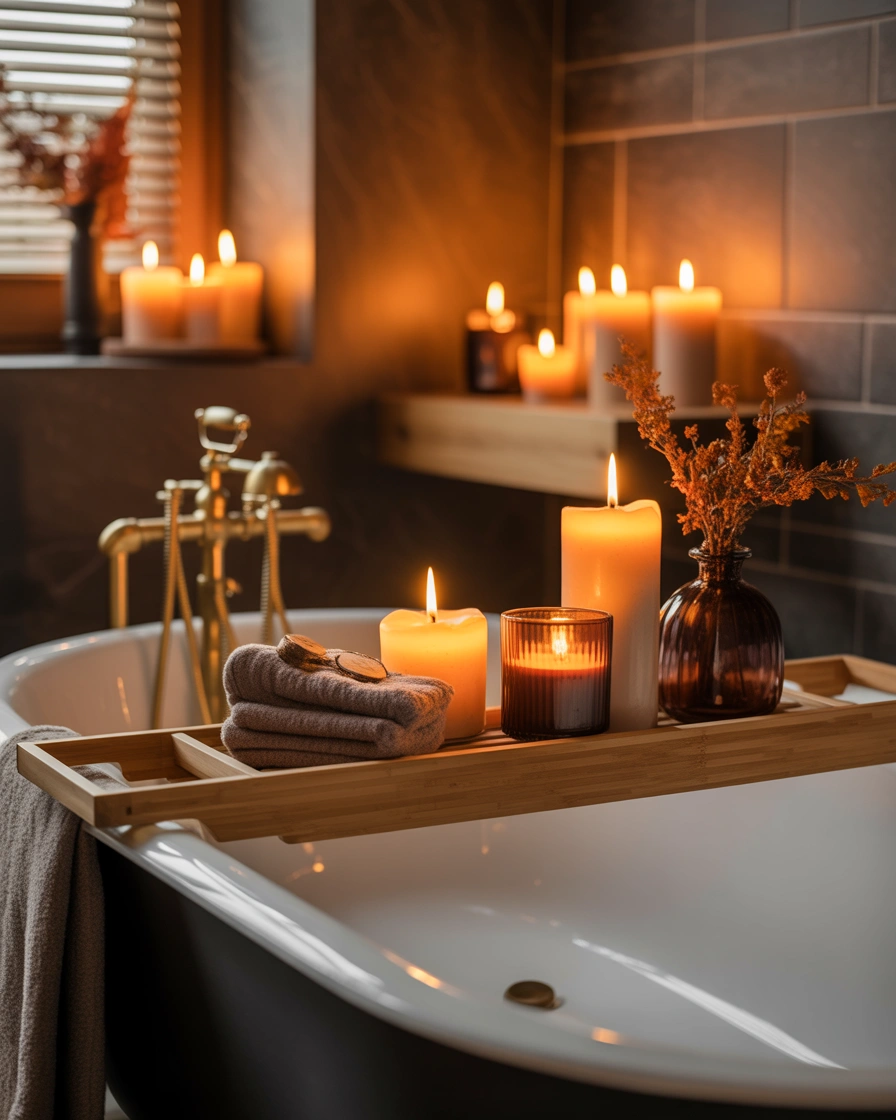 Add Fall Themed Candles and Warm Lighting for a Relaxing Atmosphere