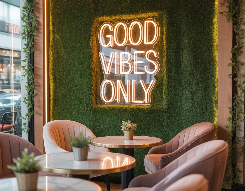 Add Neon Signs Over a Grass Wall for a Trendy Style