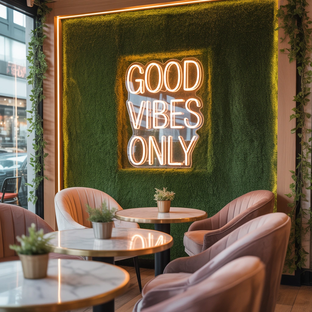 Add Neon Signs Over a Grass Wall for a Trendy Style