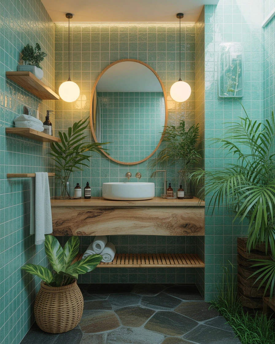 Add Seafoam Green Tiles With Natural Wood for a Warm Organic Look
