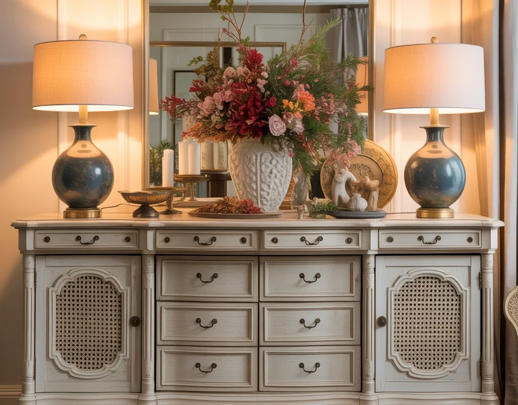 Add Seasonal Dining Room Buffet Decor Around Two Lamps for a Fresh Look Throughout the Year