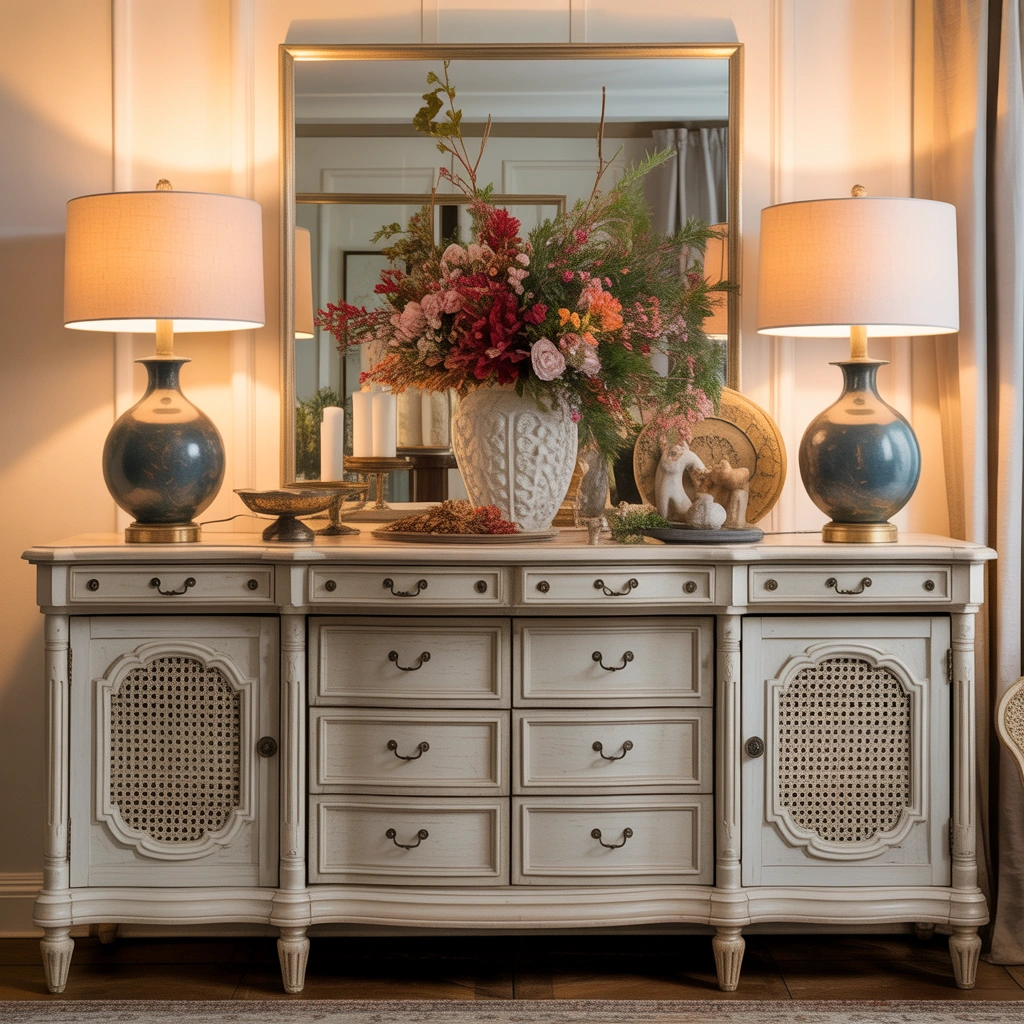 Add Seasonal Dining Room Buffet Decor Around Two Lamps for a Fresh Look Throughout the Year