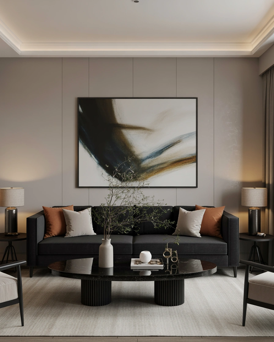 Add Statement Artwork Behind a Black Sofa