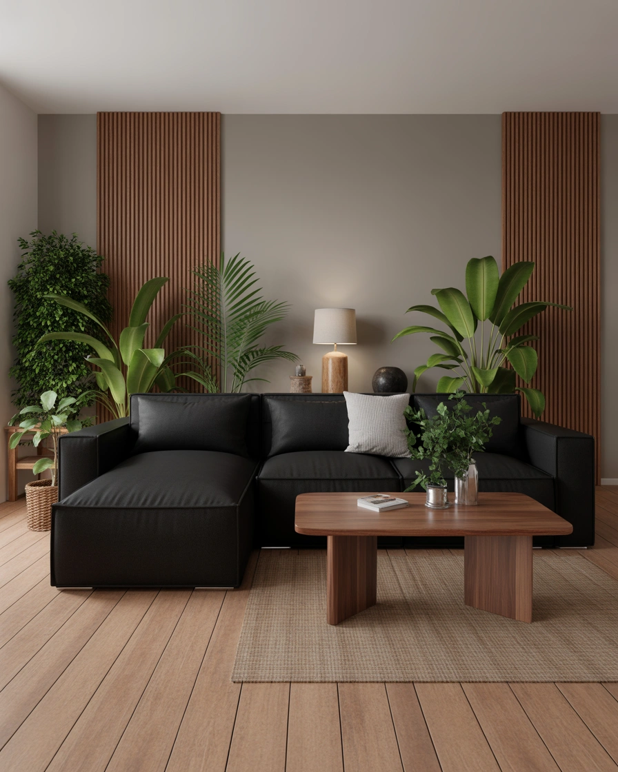 Add Warm Wooden Elements Around a Black Sofa