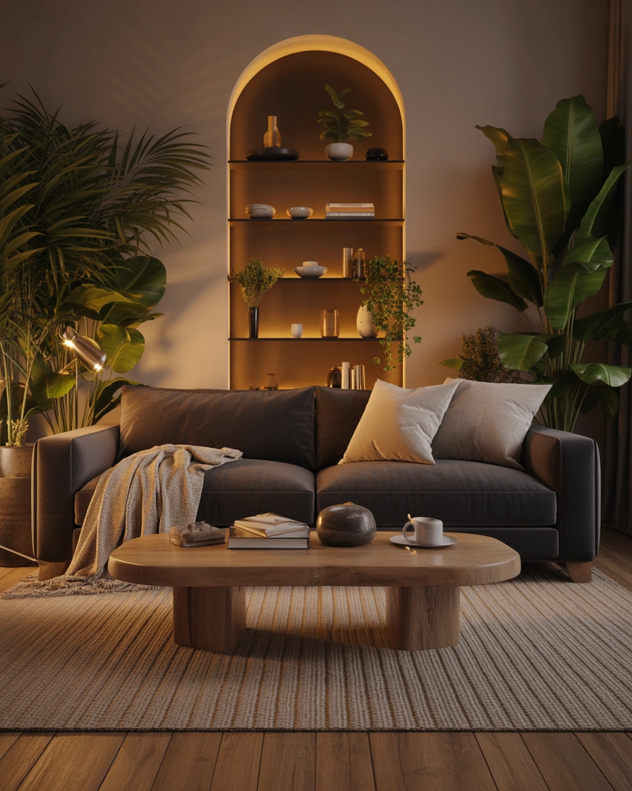 Add Warm Wooden Elements for a Cozy Dark Grey Couch Room