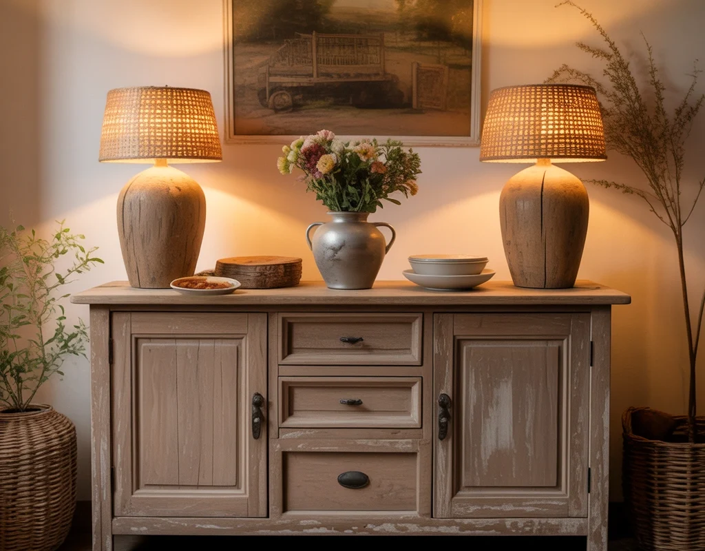 Add Warmth With Farmhouse Dining Room Buffet Decor and Two Wooden Lamps