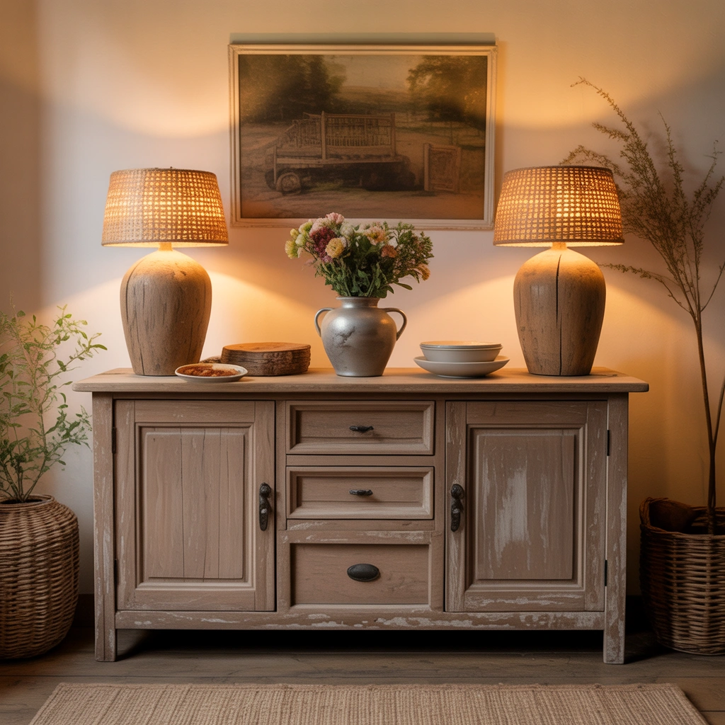 Add Warmth With Farmhouse Dining Room Buffet Decor and Two Wooden Lamps