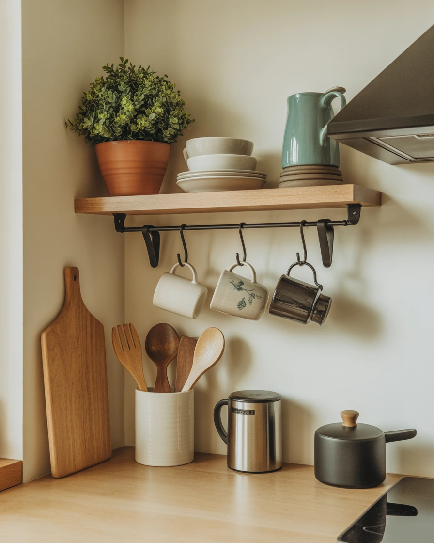 Add a Corner Shelf With Hanging Hooks for Extra Functionality