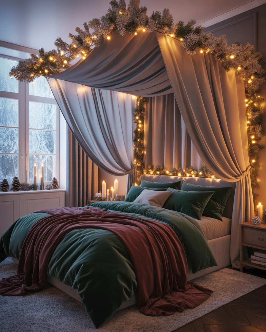 Add a Holiday Themed Canopy or Bed Draping for a Cozy Retreat