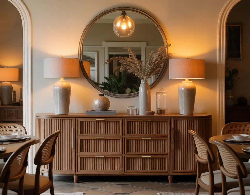 Add a Large Mirror Between Two Lamps to Make Your Dining Room Feel Bigger
