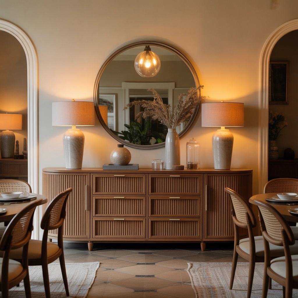 Add a Large Mirror Between Two Lamps to Make Your Dining Room Feel Bigger
