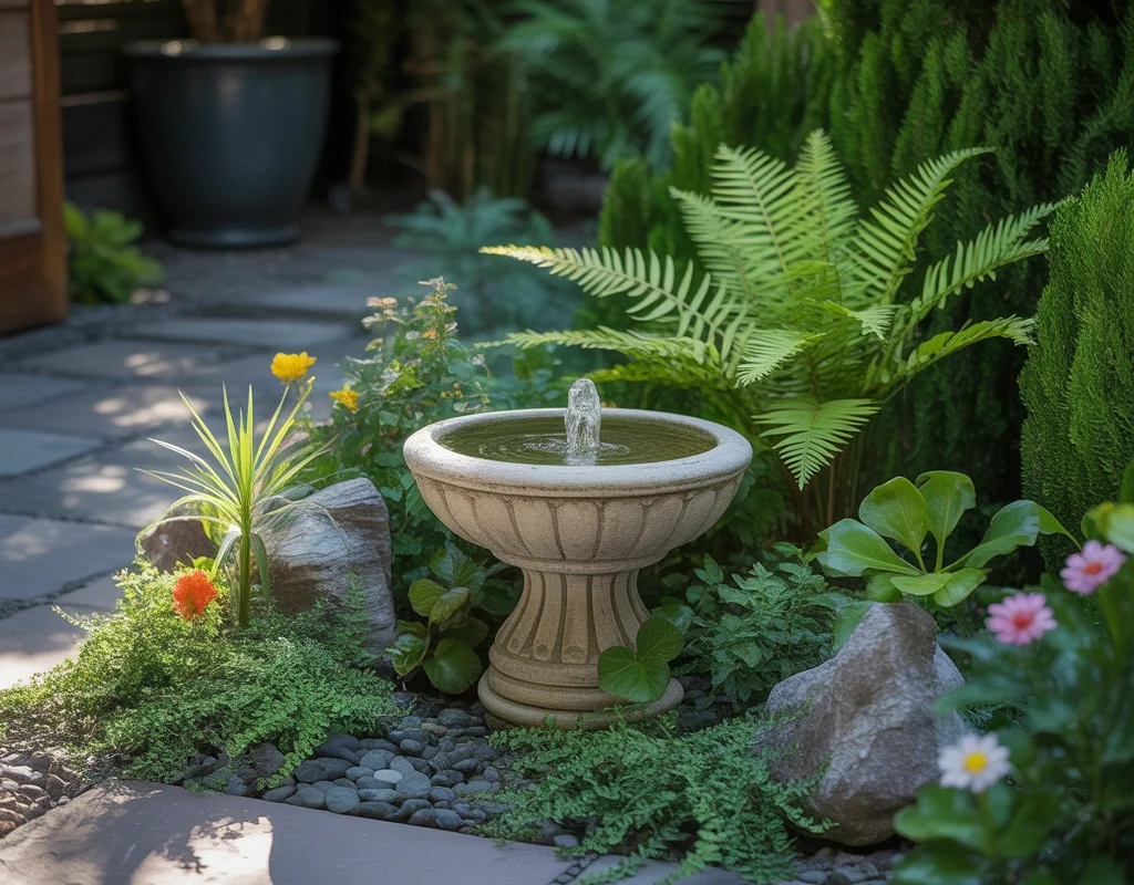 Add a Small Water Feature Surrounded by Green Plants