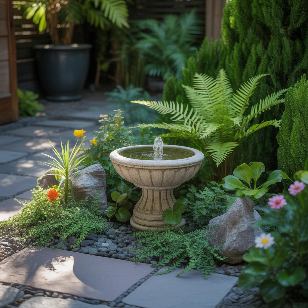 Add a Small Water Feature Surrounded by Green Plants