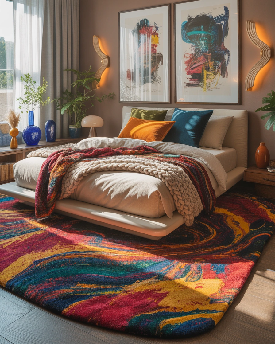 Add a Unique Rug to Complete the Funky Bedroom Look