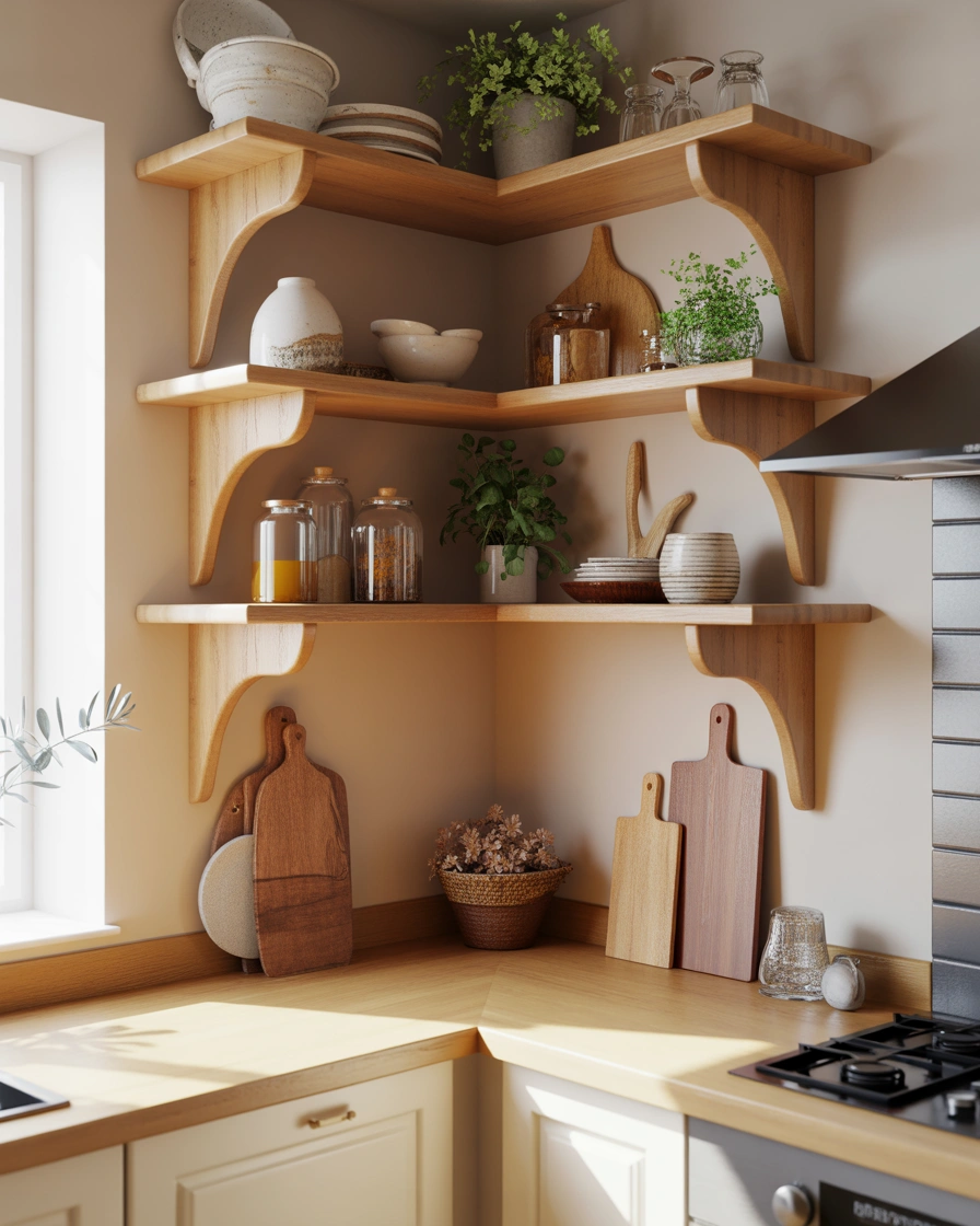 Add a Warm Wooden Corner Shelf for a Natural Kitchen Look