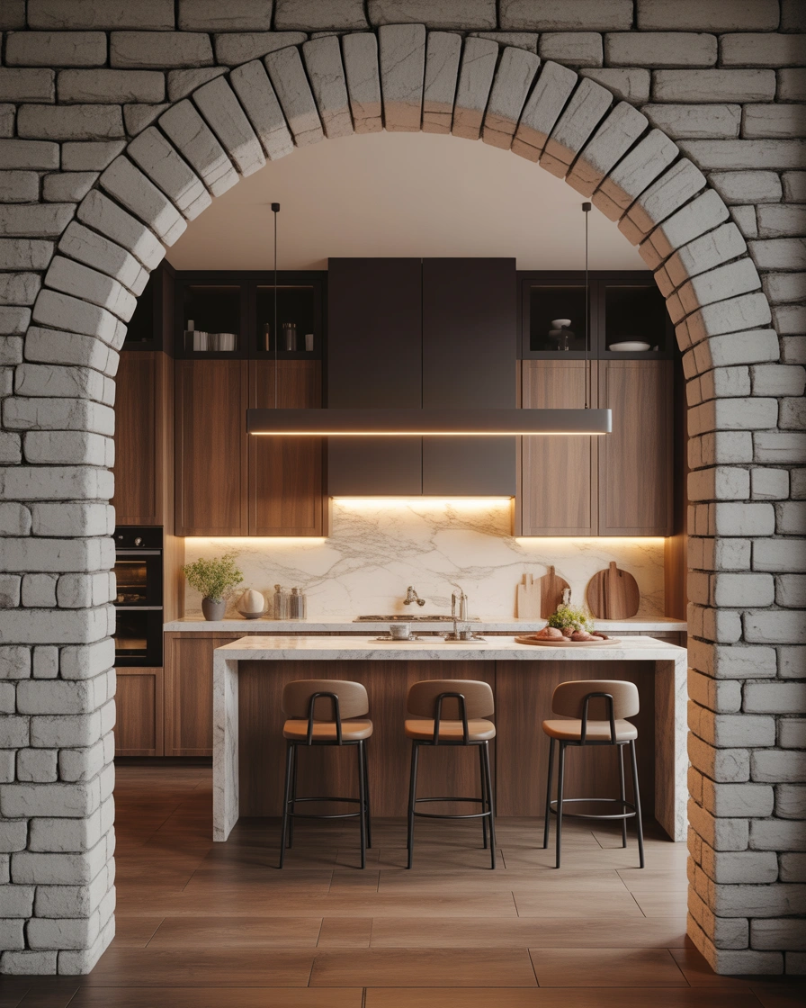 Arched Kitchen Entrance With Stone Finish