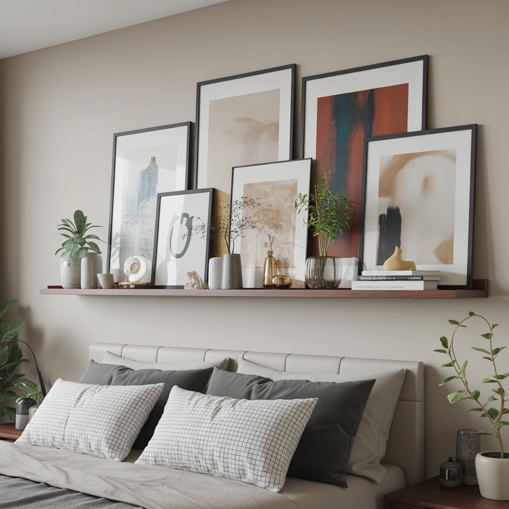 Bedroom Shelf Decor With Artwork and Wall Frames