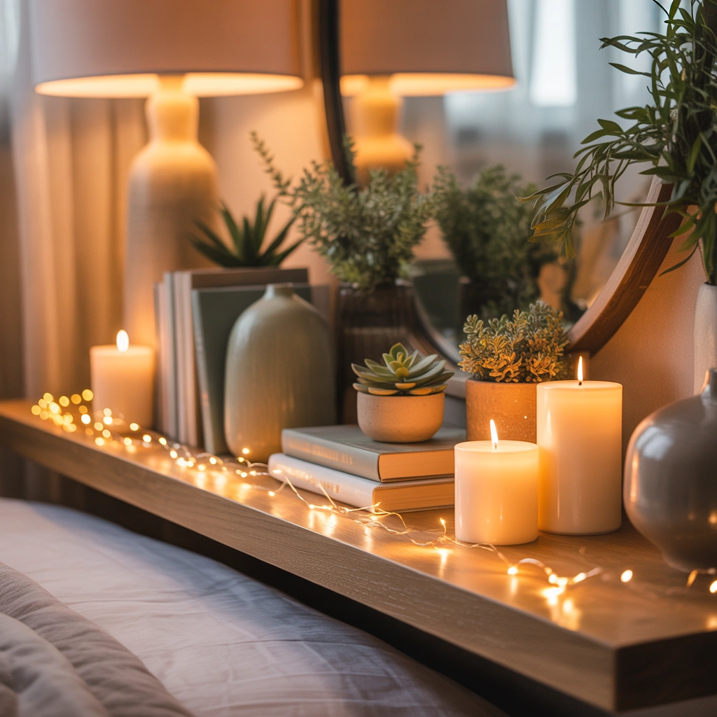 Bedroom Shelf Decor With Candles and Soft Lighting