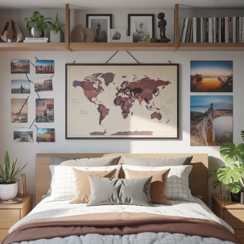 Bedroom Shelf Decor With Travel Memories and Souvenirs