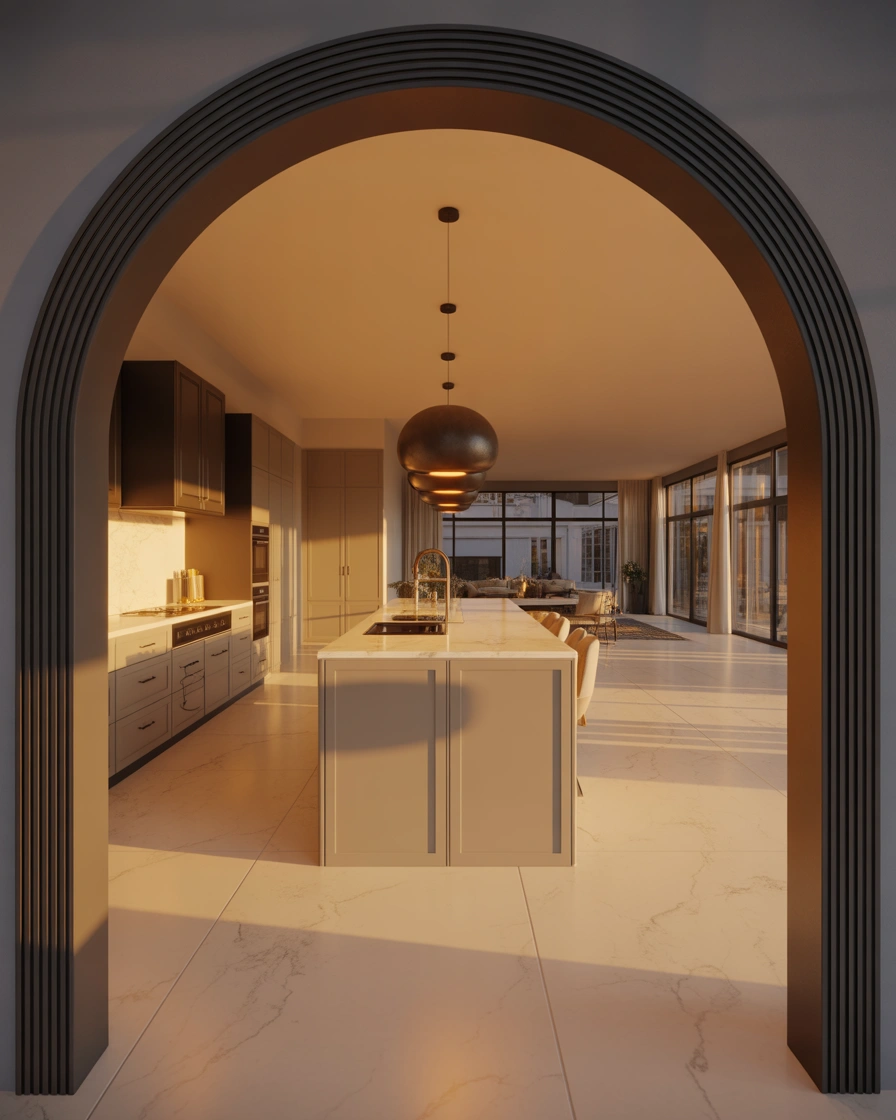 Black Accent Open Kitchen Arch Design for a Bold Look