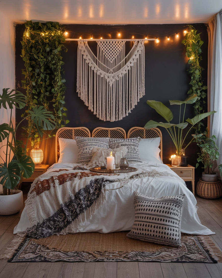 Black Accent Wall With Bohemian Bedroom Décor