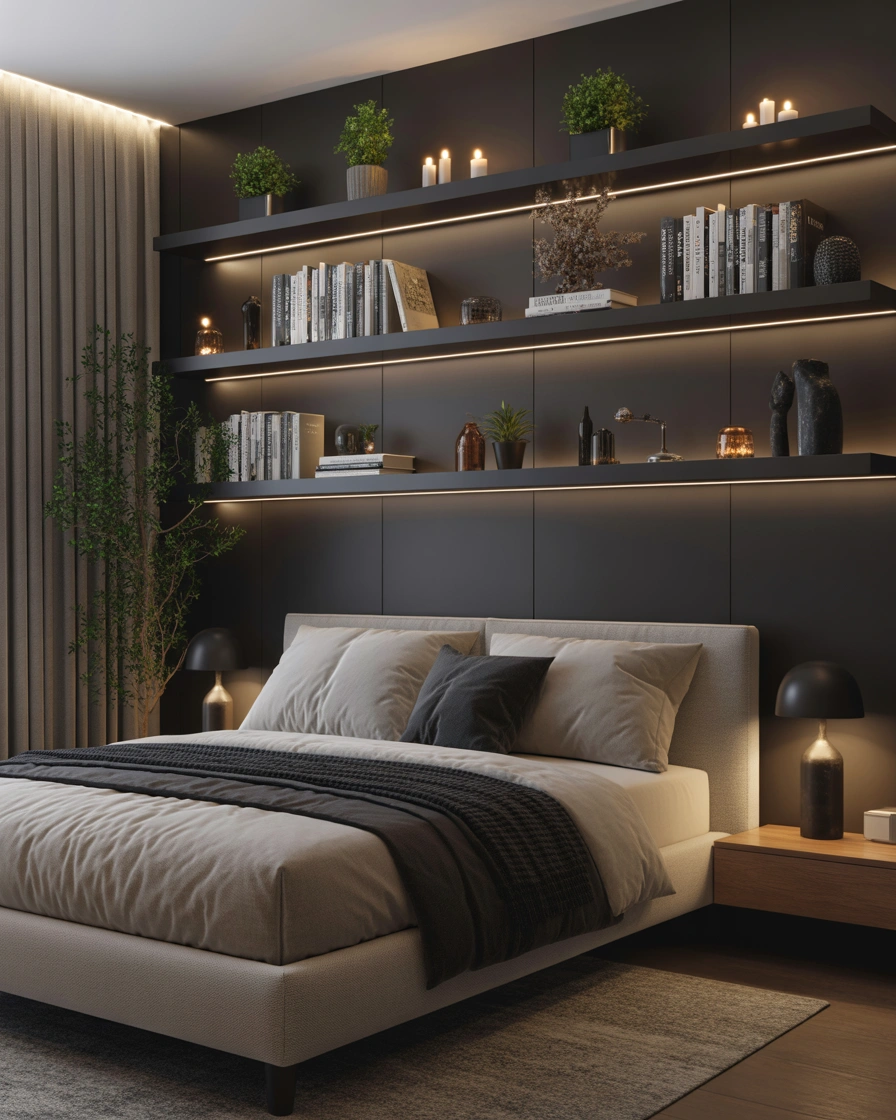 Black Accent Wall With Floating Shelves and Décor