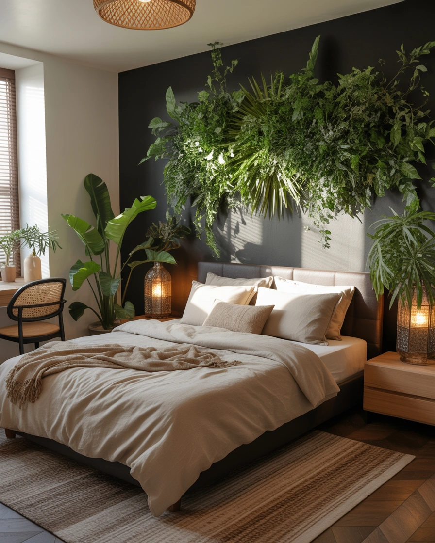 Black Accent Wall With Natural Green Plants