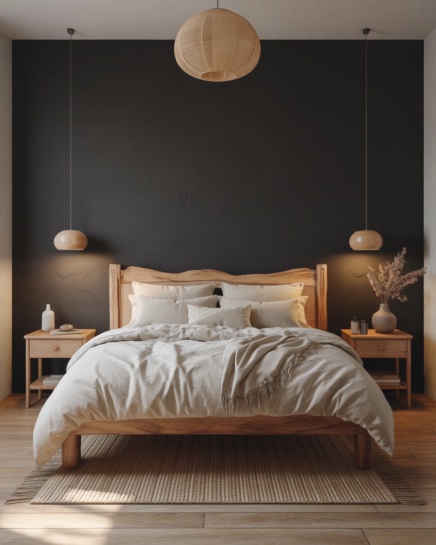 Black Accent Wall With Warm Wooden Elements