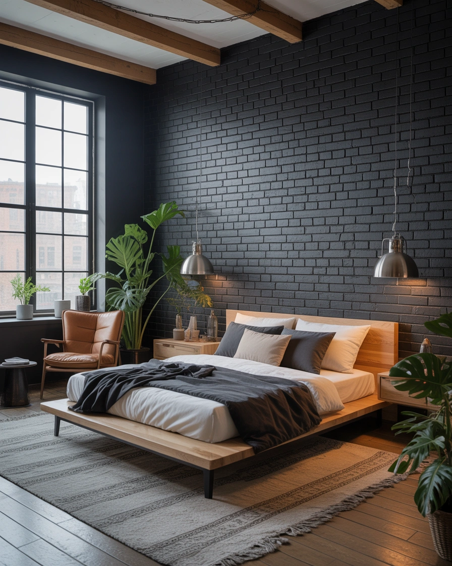 Black Brick Accent Wall for an Industrial Bedroom