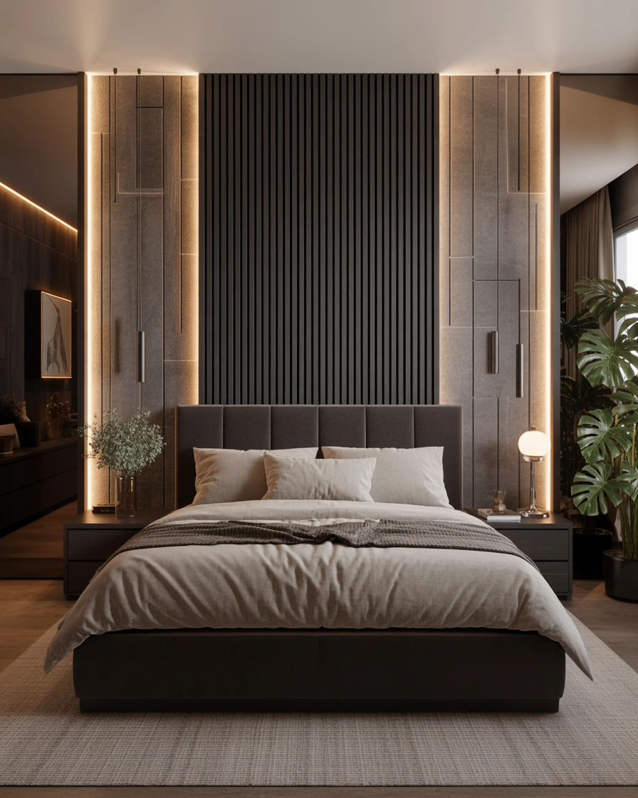 Black Wood Panel Accent Wall Bedroom