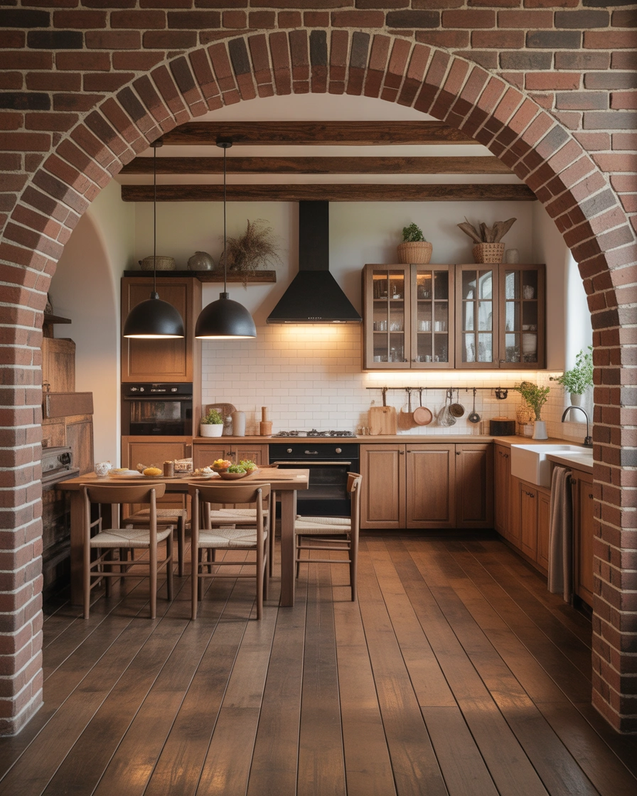Brick Accent Open Kitchen Arch Design for a Rustic Feel