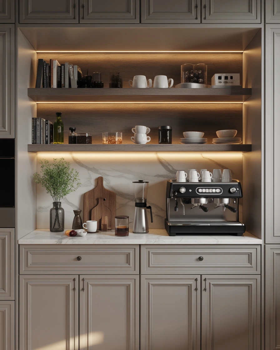 Built In Coffee Bar Shelf for a Luxury Home Look