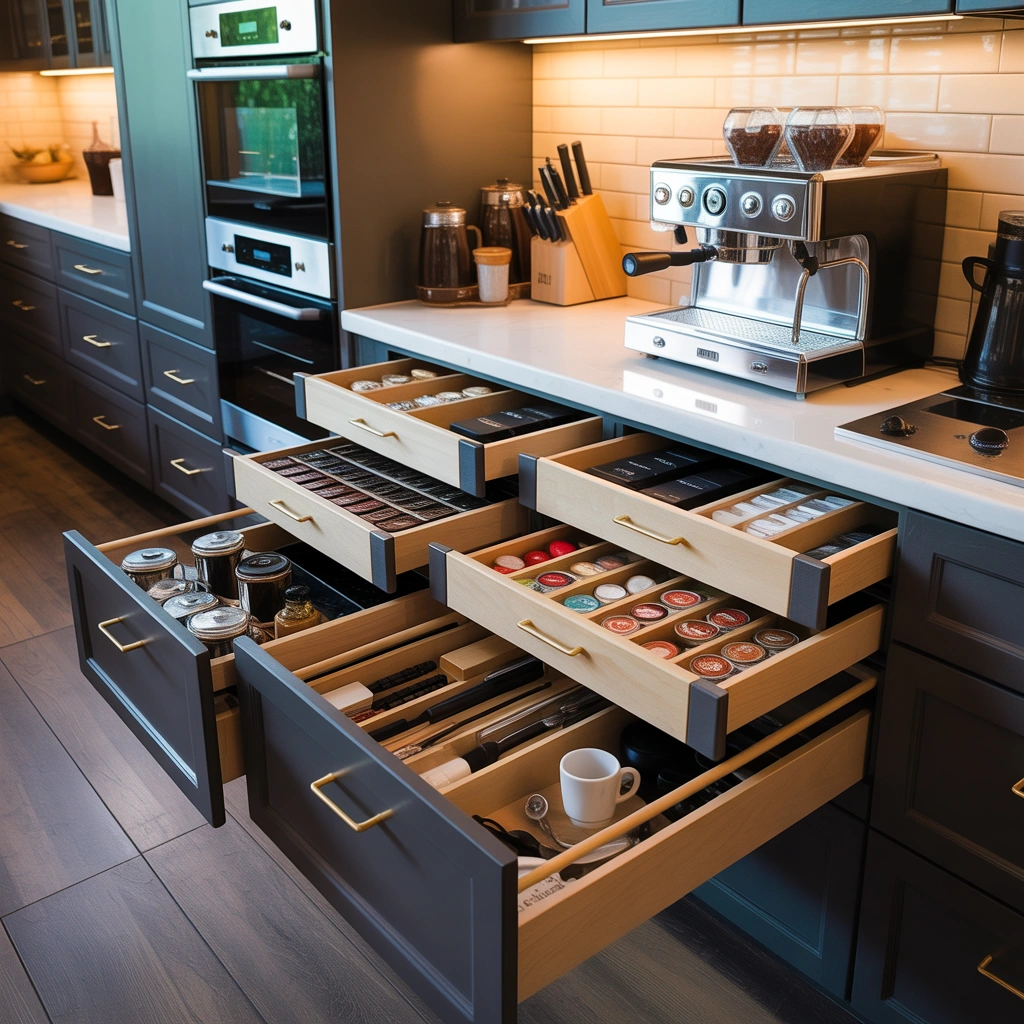 Built In Coffee Bar With Drawer Organization System