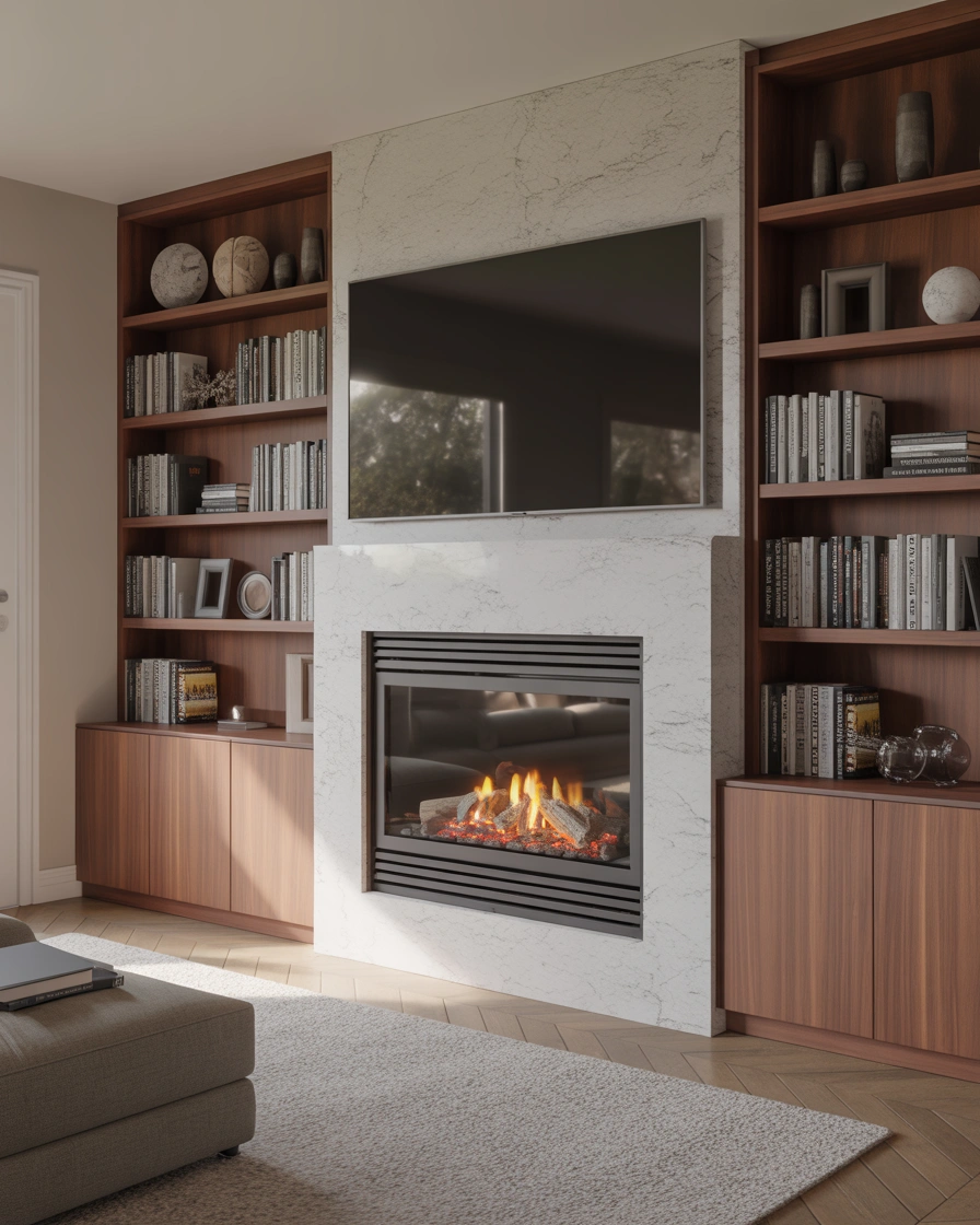 Built In Gas Fireplace With Storage Shelves