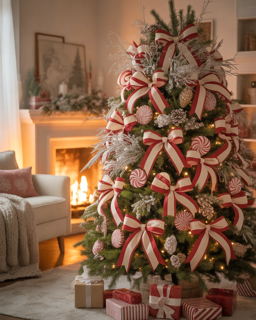 Candy Cane Inspired Red and White Christmas Tree Bows