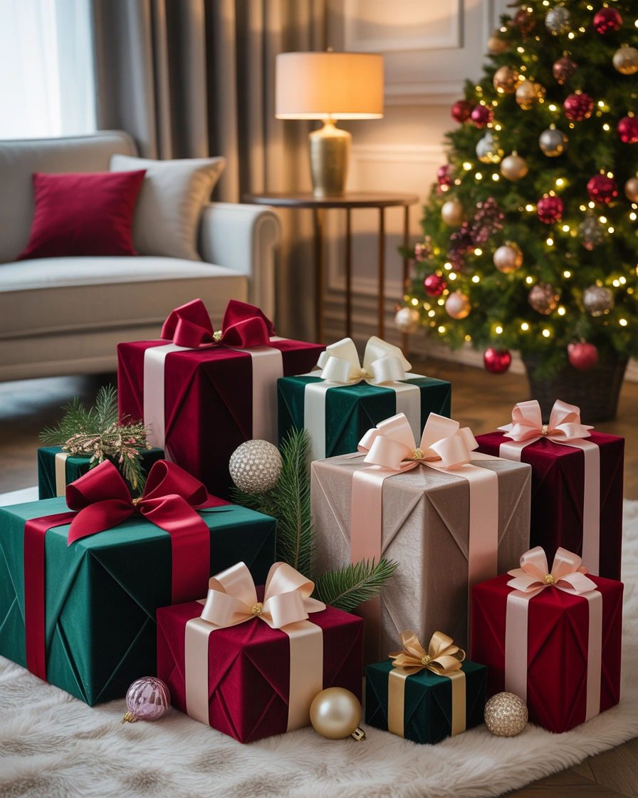 Christmas Box Decoration With Velvet Ribbons and Luxury Fabrics