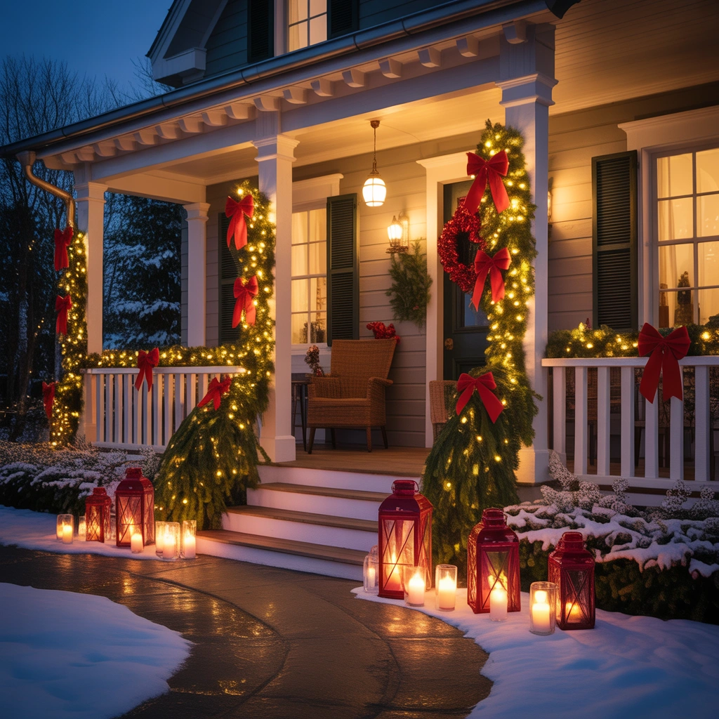Christmas Door Decoration With Lanterns and Lights